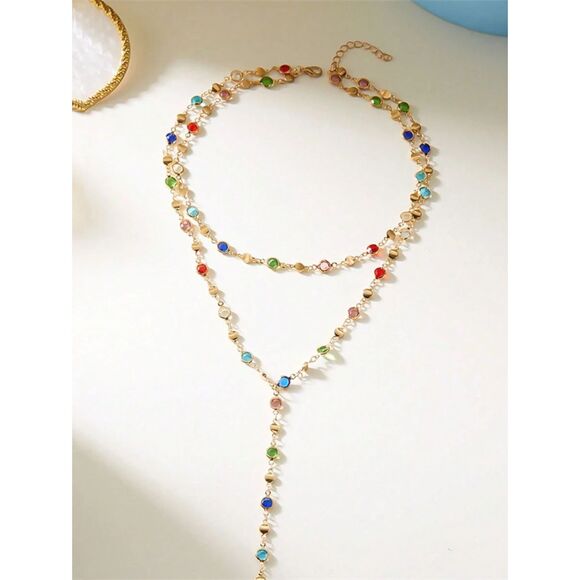 Multi Color Cubic Zirconia Y Necklace Choker Double Layer Silver Chain Set New - Picture 3 of 4